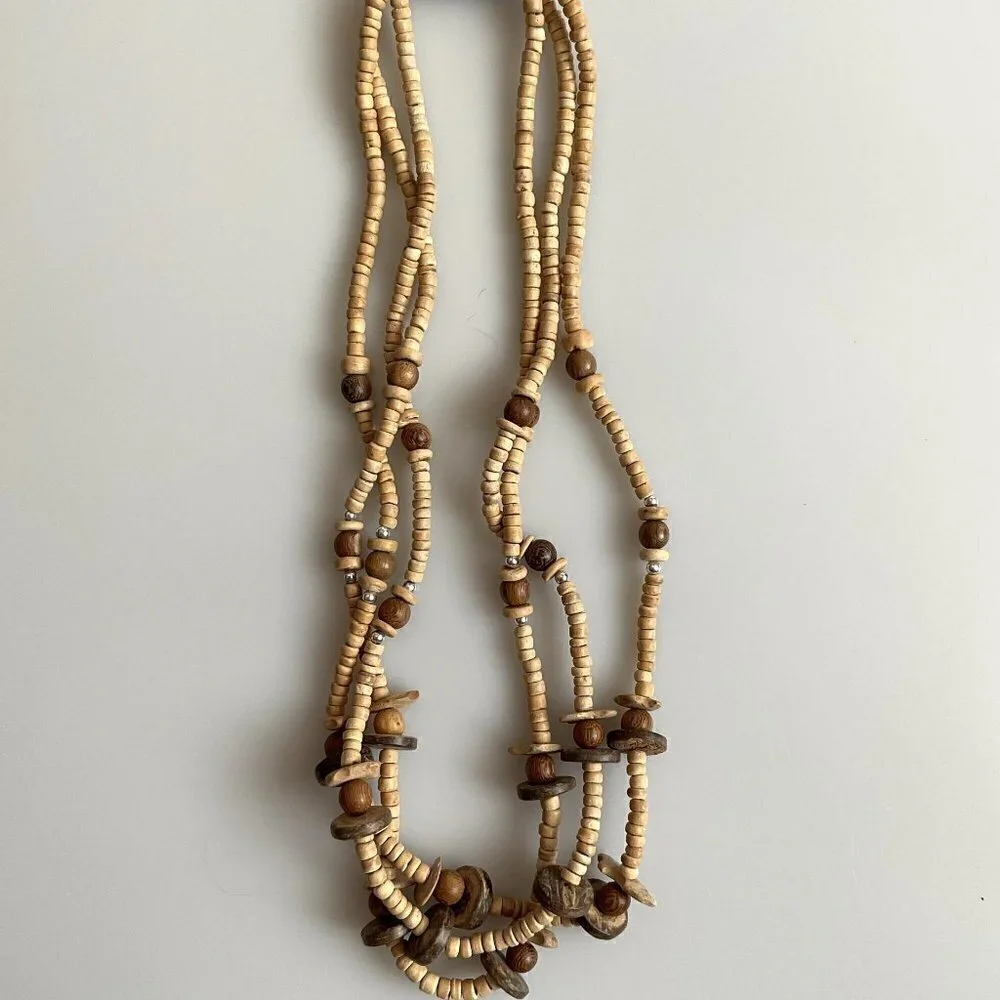 BOHO WOOD BEAD TRIPPLE STRAND NECKLACE